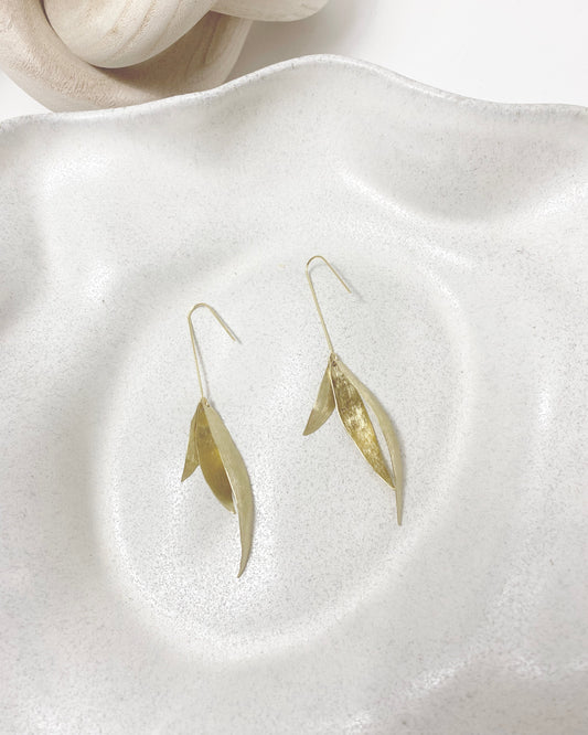 O L Y M P I A ~ golden triality olive leaf statement earrings